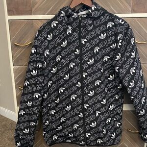 adidas Black & White All-Over Logo Hooded Windbreaker